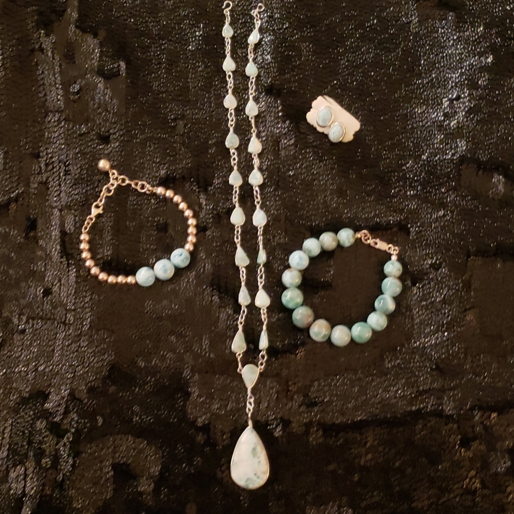 Larimar Stones Necklace earrings and 2 bracelets